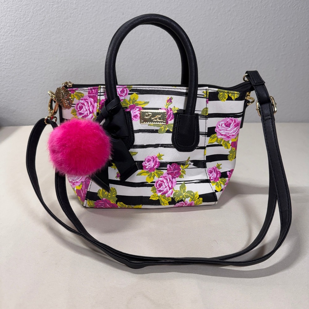 Luv Betsey by Betsey Johnson Small Floral Striped Crossbody Bag Black Pink Girly